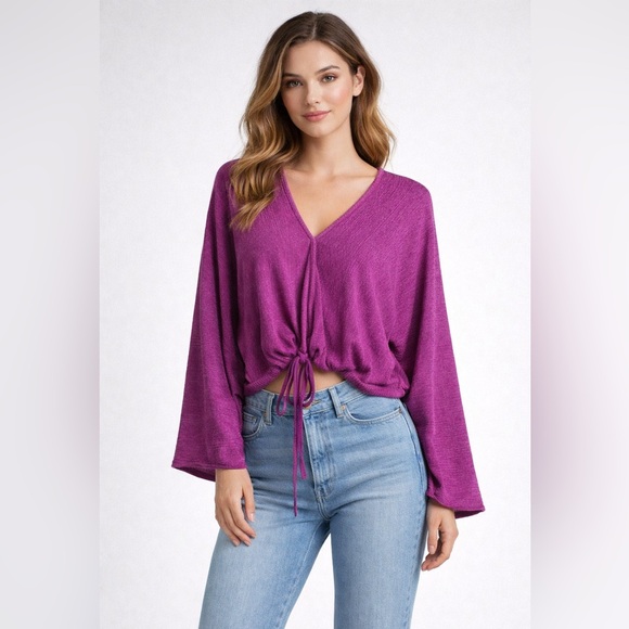 GIGIO Tops - GiGiO Textured Berry Surplice Blouse Long Sleeve Wrap Top Side Drawstring Size L